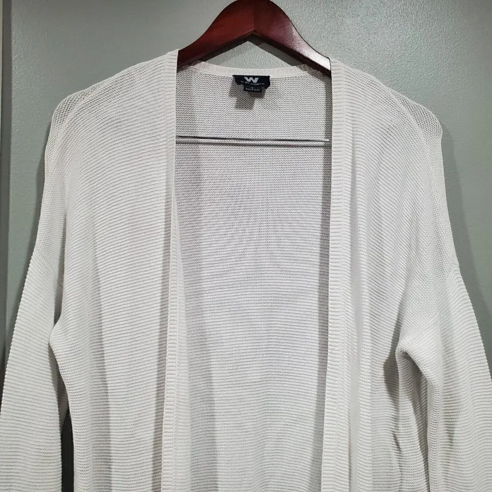 W By Worth Women's Ribbed Open Front Long Sleeve Cardigan Sweater White Pocket S